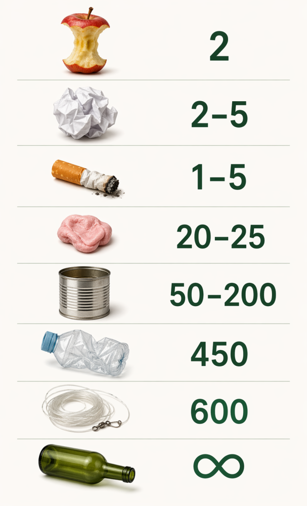 L’un des principaux problèmes liés aux déchets abandonnés est que de nombreux matériaux mettent très longtemps à se dégrader.